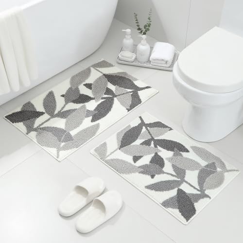 Gibelle Grey Bathroom Rug Set, Non-Slip Strong Water Absorbent Plush Microfiber Bath Mat Set, Machine Washable Bathroom Floor Mat Cute Shower Rug Indoor Doormat (18"x26"+20"x32")