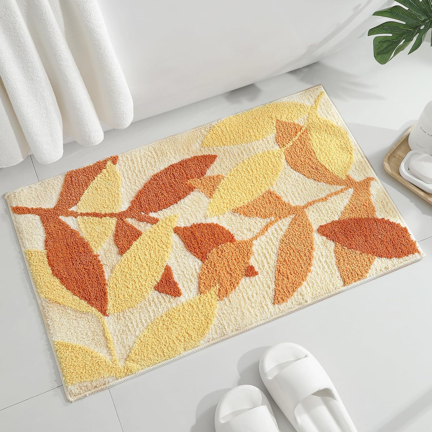 Gibelle Orange Yellow Bathroom Rug Set 2 Piece, Non-Slip Strong Water Absorbent Plush Microfiber Bath Mat, Machine Washable Floor Mat Cute Shower Bathmat Indoor Doormat (20"x32"+20"x32")