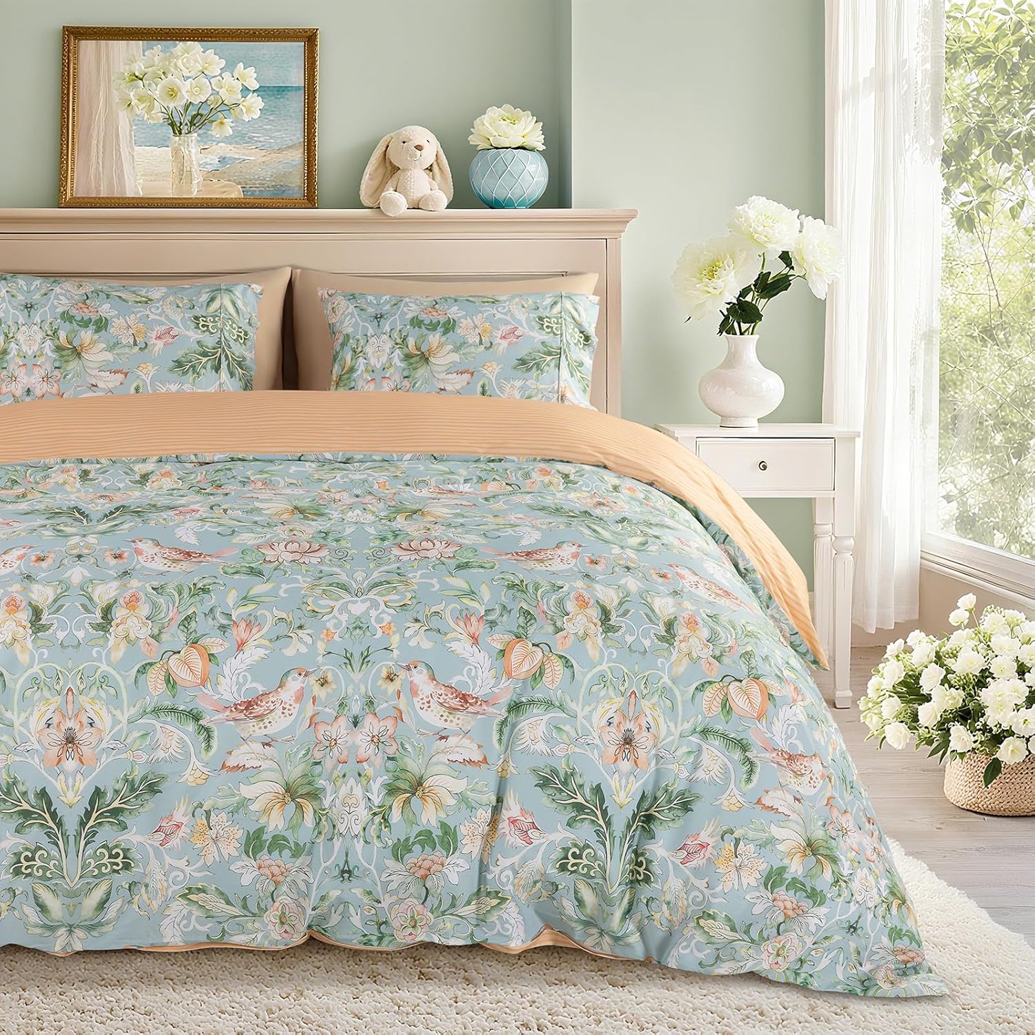 Shilucheng 100% Cotton Floral Duvet Cover Queen Size - 600 Thread Count, Breathable & Cooling Comforter Cover with Zipper Closure,Hotel Bedding Duvet Covers 3 Piece (Winged Whispers & Green)