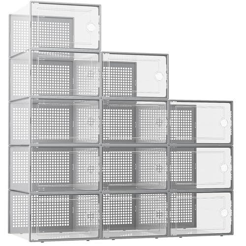 Kuject XX-Large Shoe Storage Boxes Organizers Clear Plastic Stackable 12 Pack, Shoe Rack & Holder Substitute, Sneaker Containers, Toy Storage Organizer Bins for Entryway, Closet, Under Bed, Grey