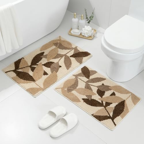 Gibelle Brown Bathroom Rug Set, Non-Slip Strong Water Absorbent Plush Microfiber Bath Mat Set, Machine Washable Bathroom Floor Mat Cute Shower Rug Indoor Doormat (18"x26"+20"x32")