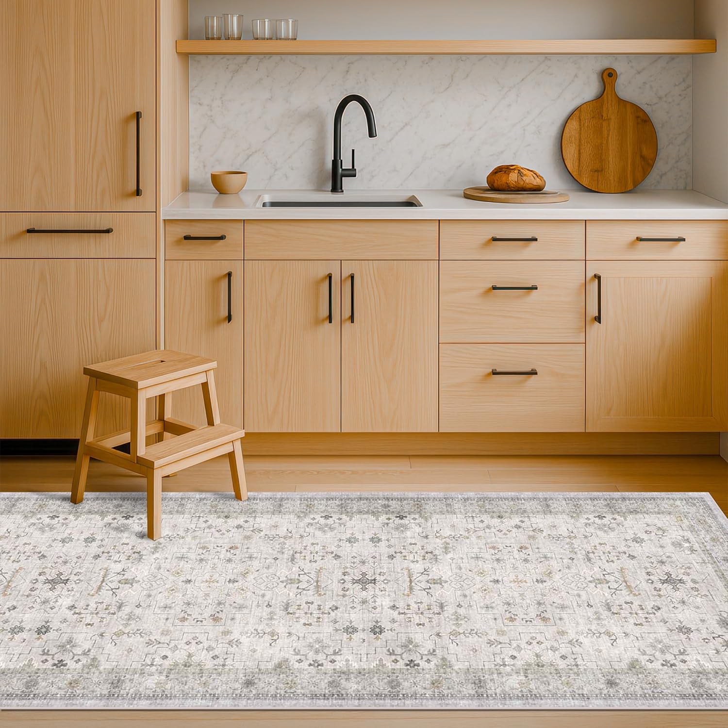 Light Gray Washable 2x8 Hallway Runners, Kitchen Runner Rug, Non-Slip & Stain Resistant 8ft Long Entryway Floor Rug, Neutral Boho Floral Decor