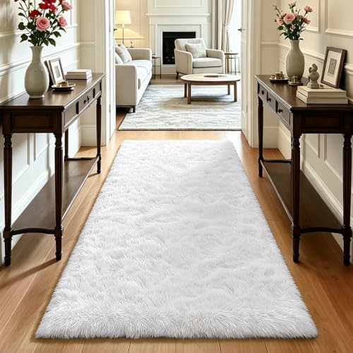 Soft Runner Rugs for Bedroom, White 3x7 Area Rugs Fluffy Rug Shaggy Area Rug Carpet, Bedside Rug for Living Room Bedroom Kids Room Home Decor