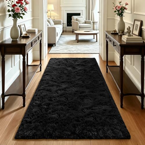 Soft Runner Rugs for Bedroom, Black 3x7 Area Rugs Fluffy Rug Shaggy Area Rug Carpet, Bedside Rug for Living Room Bedroom Kids Room Home Decor