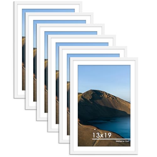 PEALSN 13x19 Picture Frame Set of 6, Display Pictures 11 x 17 with Mat or 13 x 19 without Mat for Wall Mounting Display, Poster Frames Collage for Wall Decor, White.