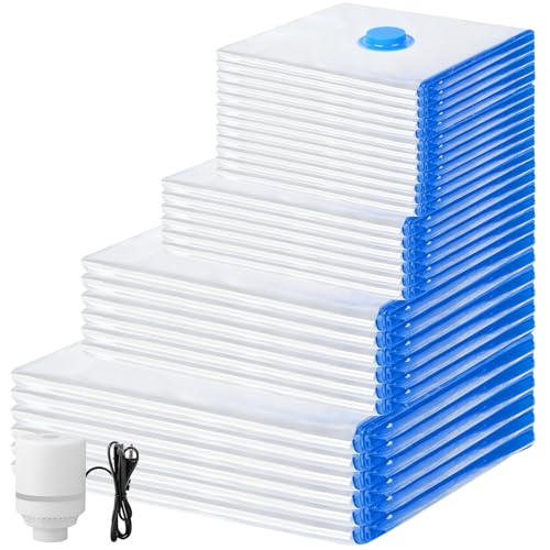 30 Pack Vacuum Storage Bags with Electric Pump, Compression Space Saver Vacuum Seal Bags 6 Jumbo/6 Large/6 Medium/6 Small/6 Roll Up Bags for Clothing Travel Comforters Blankets Pillows Bedding Duvets