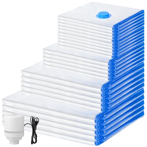 25 Pack Vacuum Storage Bags with Electric Pump, Compression Space Saver Vacuum Seal Bags 5 Jumbo/5 Large/5 Medium/5 Small/5 Roll Up Bags for Clothing Travel Comforters Blankets Pillows Bedding Duvets