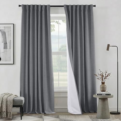 PANELSBURG Dark Grey Curtains 84 Inch Length,Linen Back Tab Pleated Black Out Charcoal Gray Darkening Thermal Insulated Blackout Curtain for Summer Bedroom Living Room