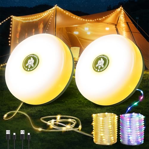 2-Pack Camping String Lights | Rechargeable 4 in 1 Quick Storage 32.8FT Tent Lights with 8 Modes | Hanging Waterproof LED Lamp for Outdoor Patio Garden Party | Christmas Holiday Decor - Camping Gear