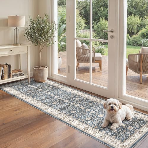 WITSHOCK 2x8 Runner Rugs for Hallway : Machine Washable Non Slip Vintage Carpet - Low Pile Lightweight Print Rug for Kitchen Laundry Room Bedroom Beside Rug - Pet & Kids Friendly (Blue)