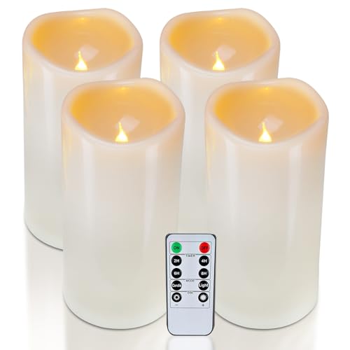 Homemory 4" x 8" Waterproof Outdoor Flameless Candles, Battery Operated Flickering LED Pillar Candles with Remote and Timers for Indoor Outdoor Lanterns, Long Lasting, Large, Dark Ivory, Set of 4