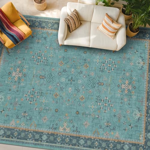 Boho 8x10 Large Teal Green Rugs for Living Room - Vibrant Turquoise Rug for Bedroom under Bed, Dining Room under Kitchen Table, Washable Soft Non Slip Unique Aqua Colorful Indoor Decor teal area rug