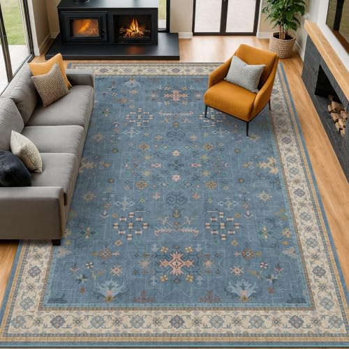 Boho 8x10 Large Area Rugs for Living Room - Eclectic Dusky Blue Rug for Bedroom Under Bed, Dining Room Under Kitchen Table, Washable Soft Non Slip Unique Colorful Indoor Decor