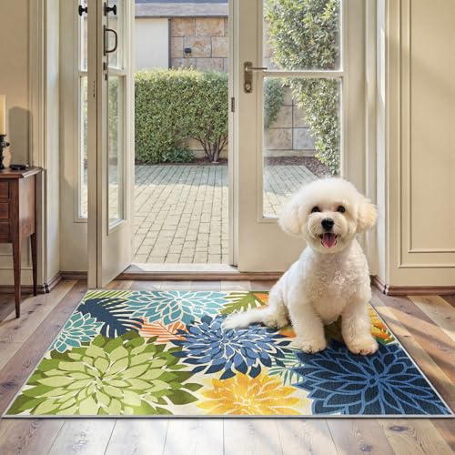 Area Rug 2x3 Yellow Green Washable Entry Rug Halloween Fall Outdoor Rug Tropical Botanical Modern Floral Indoor Kitchen Door Mat Entrance Carpet Non Slip for Bedroom Living Room, Porch Pumpkin