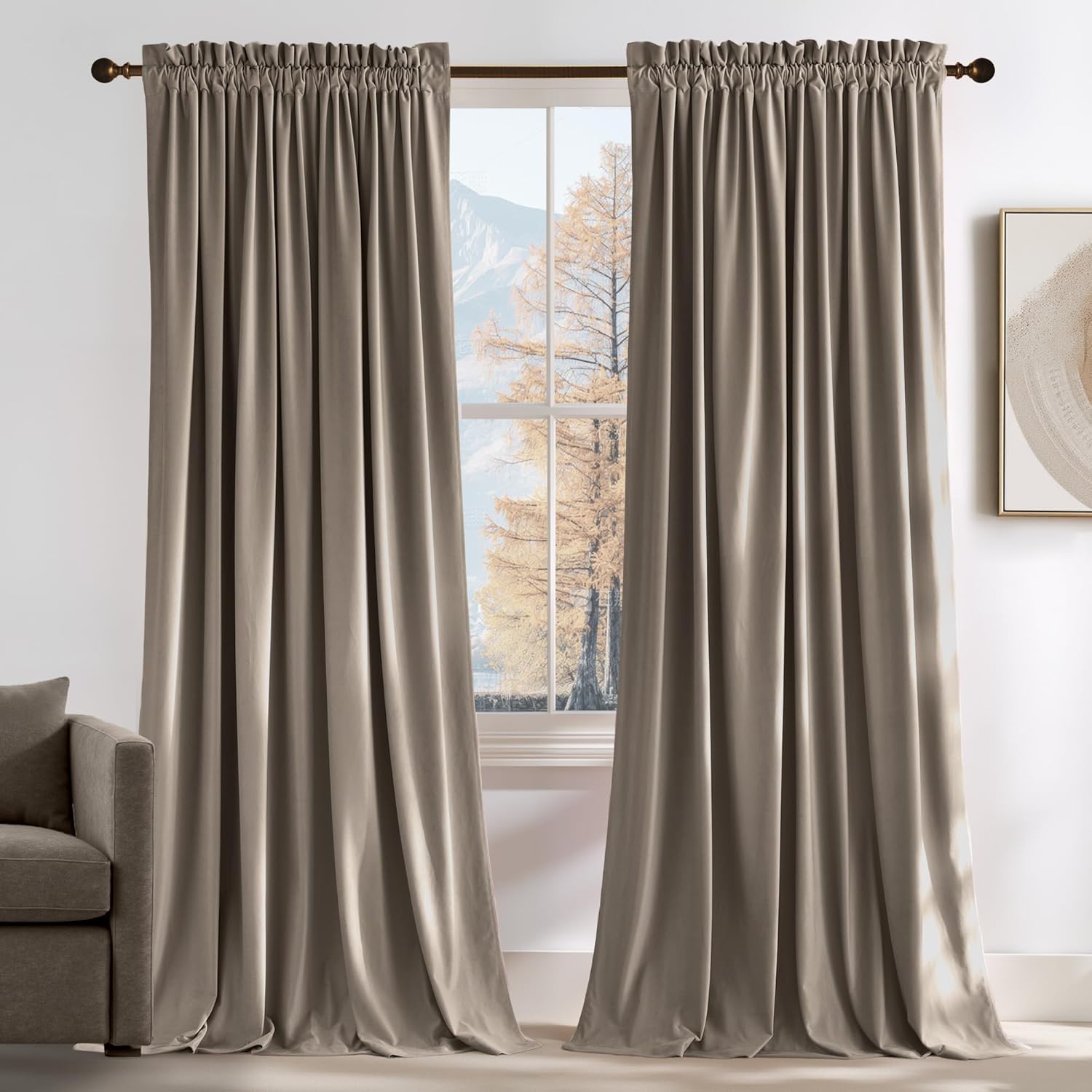 NICETOWN Velvet Curtains 96 inches Long - Taupe Blackout Drapes for Sliding Glass Door, Cat Proof Privacy Protection Soft Luxury Window Treatments for Bedroom, W52 x L96, 2 Panels
