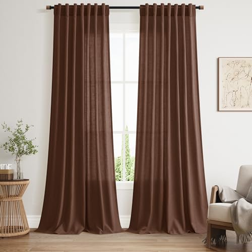 Mocha Brown Linen Curtains 90 Inch Length 2 Panels for Living Room Back Tab Rod Pocket Window Drapes Light Filtering Modern Farmhouse Curtain 90 Inches Long for Dining Room Office 52x90