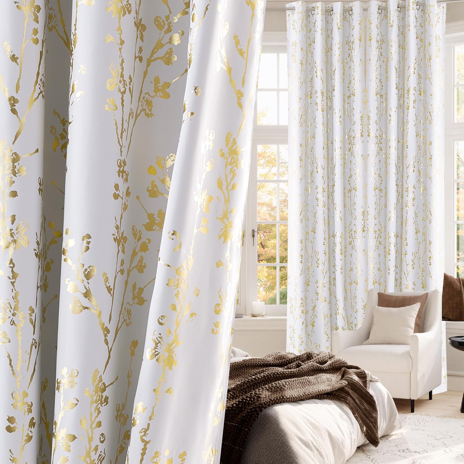 NICETOWN Gold Foil Printed Floral Curtains 100% Blackout, Grommet Branch Pattern Gold Foil Printed Window Treatments Thermal Drapes for Bedroom, Greyish White, W52 x L96, 2 Panels