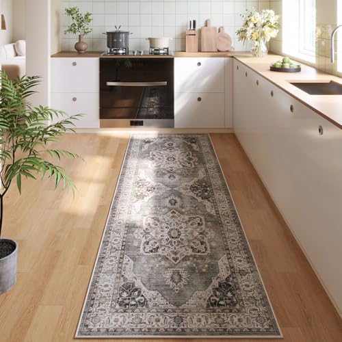 Vintage Medallion Kitchen Rugs Non Slip Washable 2'7"x8' - Low Pile Runner Rug, Boho Carpet for Hallways, Laundry, Bedroom, Bathroom - Grey and White