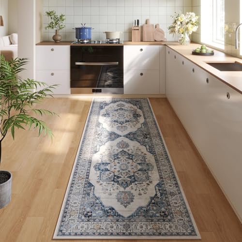 Vintage Medallion Kitchen Rugs Non Slip Washable 2'7"x8' - Low Pile Runner Rug, Boho Carpet for Hallways, Laundry, Bedroom, Bathroom - Blue
