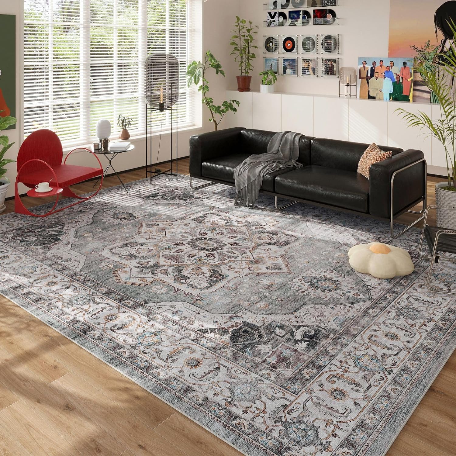 Vintage Medallion Living Room Rug 5'x7' - Machine Washable Area Rug, Non-Slip Low Pile Boho Carpet for Bedroom, Dining Room, Farmhouse, Office, Kids Playroom - Grey and White
