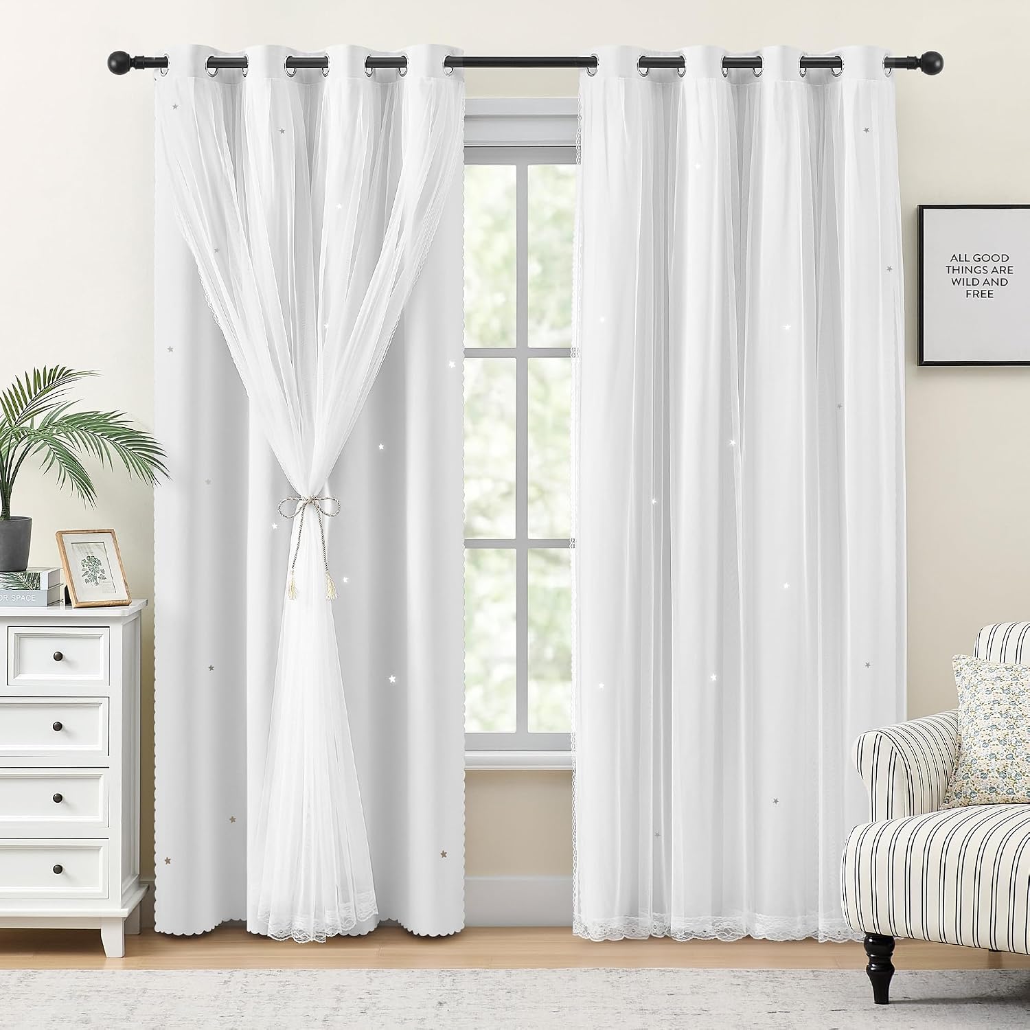 XiDi White Curtains for Girls Bedroom 80% Blackout Double Layer Curtains with Sheer Overlay for Nursery Kids Room Star White Drapes with Tiebacks Grommet Window Treatment 2 Panels W34 X L72