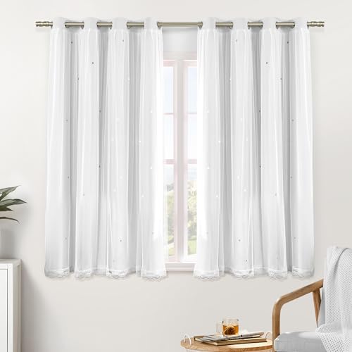 XiDi White Curtains for Girls Bedroom 54 Inches Long 2 Panels Blackout Double Layer Curtains with Sheer Overlay for Kids Princess Nursery Room Star Cut Out Home Decor Grommet Window Drapes W52 X L54