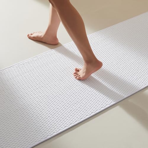 Bathroom Runner Rugs, Long Bath Mat Runner Washable Thin Quick Dry Low Pile Bathroom Runner Rugs Non Slip, White 16"x60"