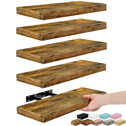 Sorbus Floating Shelves for Wall, Bathroom Shelves Wall Mounted for Kitchen, Bedroom, Living Room, Bathroom Storage, Over Toilet, Hanging Book Shelf for Wall Home Decor (Rustic Brown, 5 Pack)