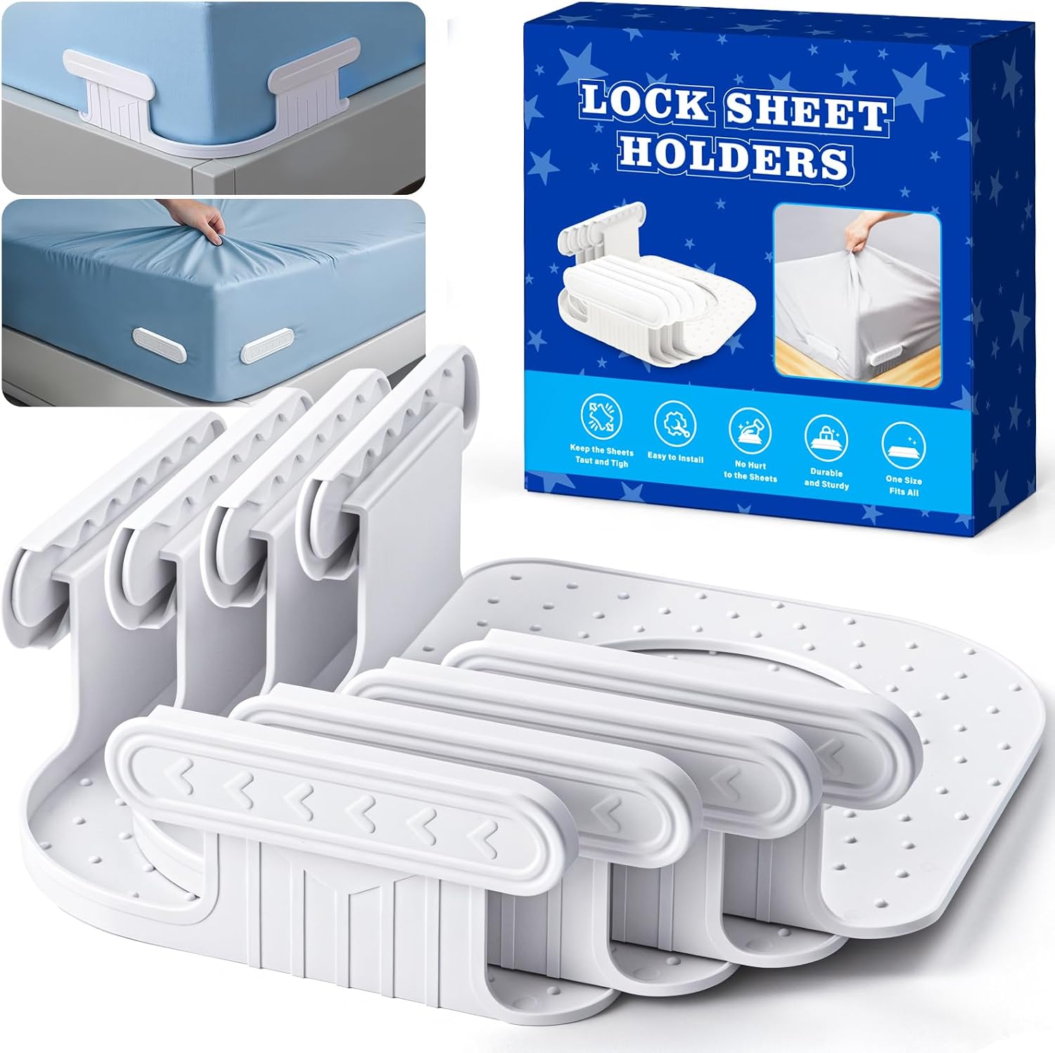 Bed Sheet Holders for Corners 4Pcs Fitted Sheet Holders Keep Sheets Firm & Tight, Heavy Duty Bed Sheet Clips for All Mattress Sizes, Easy One-Time Installation and No More Loose Sheet (White)