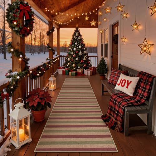 Lahome Christmas Striped Easy Jute Runner Rug, 2x8 Christmas Kitchen Rugs Non Slip Front Door Entryway Runner, Farmhouse Nature Non Shedding Indoor Outdoor Carpet for Hallway Laundry