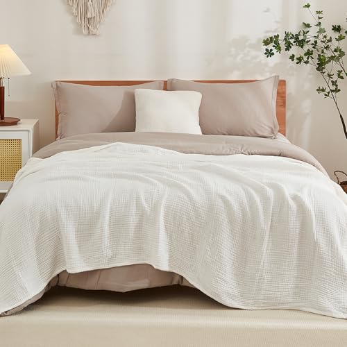 EMME Cotton Muslin King Blanket (White, 120"x94")