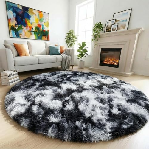 Amdrebio Black White Grey Circle Rug 6Ft Round Area Rugs for Living Room Bedroom, Fluffy Fuzzy Shaggy Furry Rugs for Home Office Kids Room Dorm, Plush Modern Cool Floor Shag Carpet for Men Teen Boys