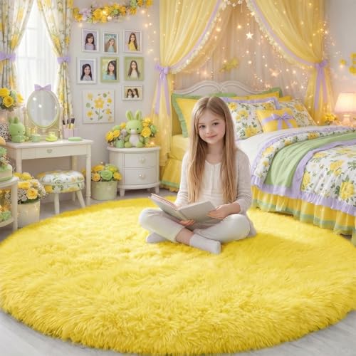 Amdrebio Yellow Circle Round Rug 6Ft for Living Room Bedroom, Fluffy Fuzzy Shag Furry Area Rugs for Baby Kids Room Decor Aesthetic, Cute Plush Kawaii Carpet for Classroom Nursery Teen Girls Boys