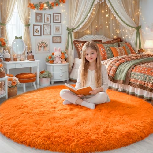 Amdrebio Orange Circle Round Rug 6Ft for Living Room Bedroom, Fluffy Furry Shag Area Rugs for Kids Room Decor Aesthetic, Cute Fuzzy Plush Shaggy Carpet for Baby Nursery Dorm Playroom, Teen Girls Boys