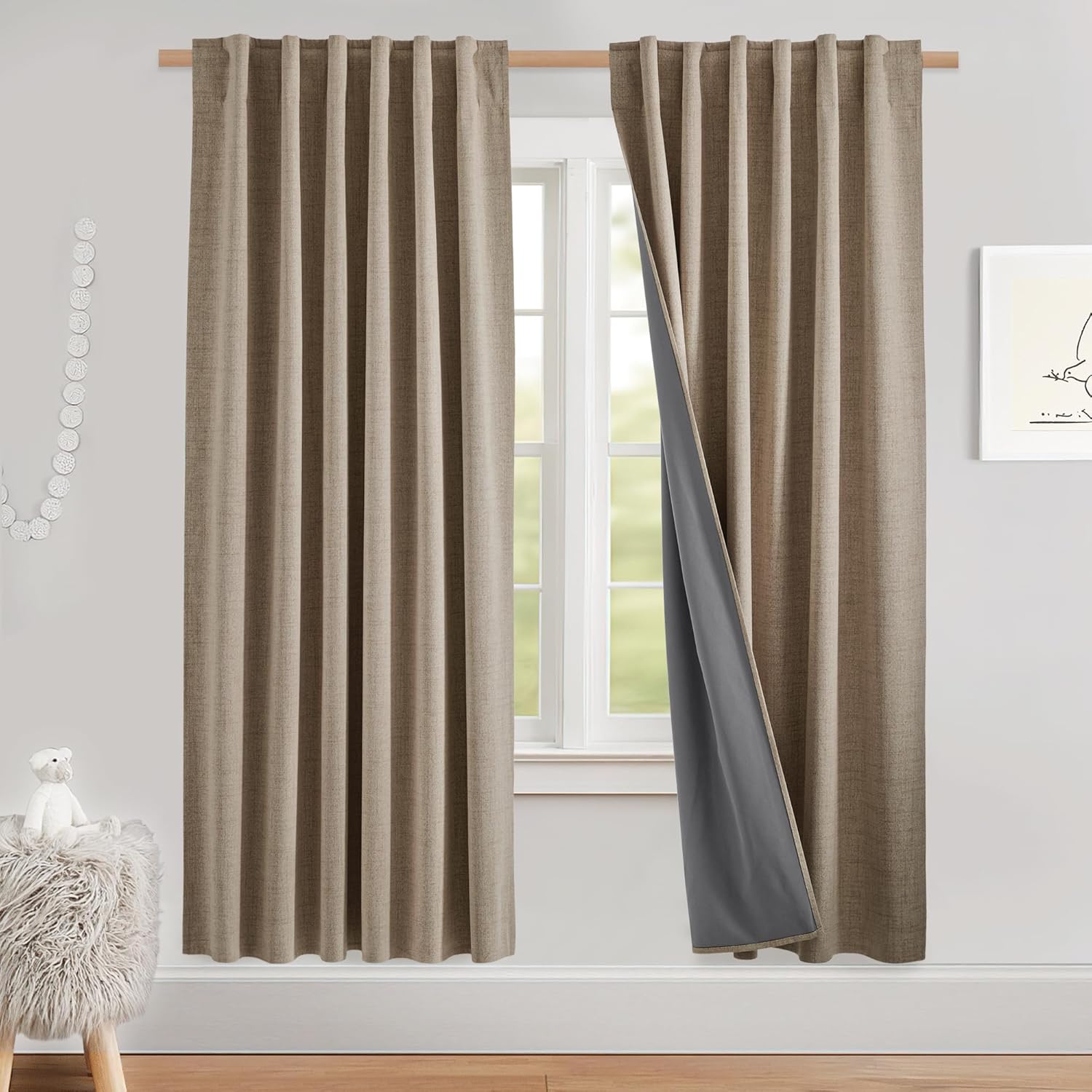 NICETOWN 100% Blackout Linen Curtains (52x72, Burlap)
