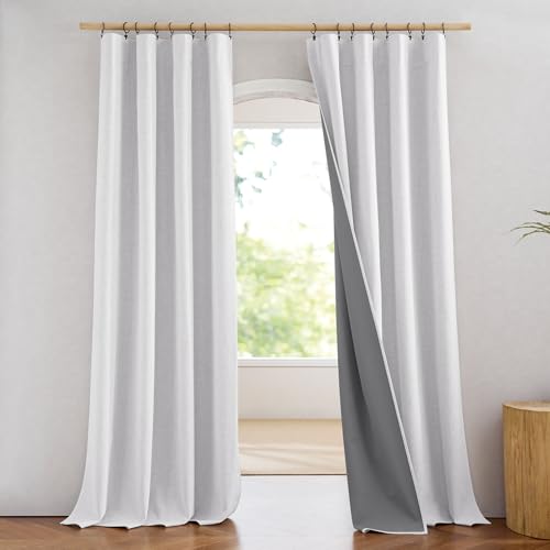 NICETOWN Full Blackout Linen Curtains 108" Length with Thermal Insulated Liners for Living Room, Farmhouse Style Keep Cool & Warm Large Window Drapes for Hall (Greyish White, 2 Panels, 52" Wide)