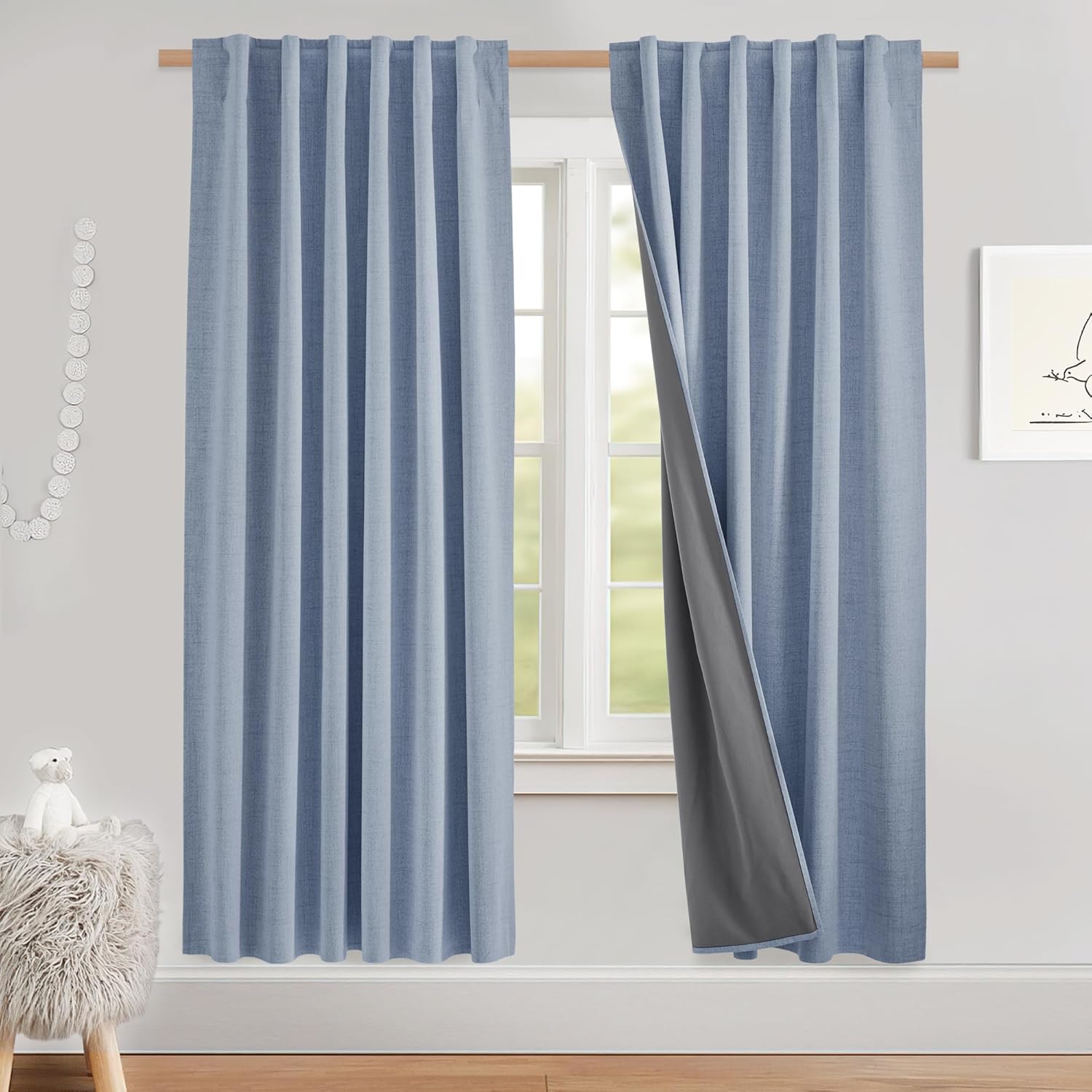 NICETOWN Bedroom 100% Blackout Linen Curtains, Thick Insulated Rod Pocket & Back Tab Full Light Blocking Draperies with Gray Liner for Night Shift Workers (Set of 2, 52 by 72-inch, Stone Blue)
