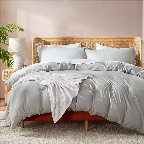 Nestl Full Duvet Cover Set with Comforter Insert - Light Grey 4 Piece 80x90 Duvet Cover & 2 Pillow Shams with White Quilted Down Alternative Comforter, Ultra Soft, All Season