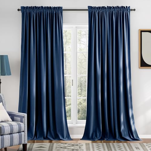 NICETOWN Navy Blue Velvet Blackout Curtains 96 inch Long for Bedroom and Living Room, Rod Pocket Drapes Soft Privacy Protection Window Treatments for Hall (2 Pieces, 52" Wide)