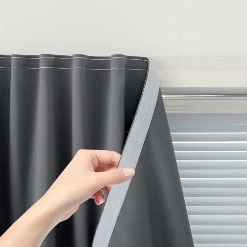 Magic Tape Blackout Curtains for Bedroom No Drillng Self Adhesive Curtains No Rod Small Window, 59" W X 96" L, Grey, 1 Panel